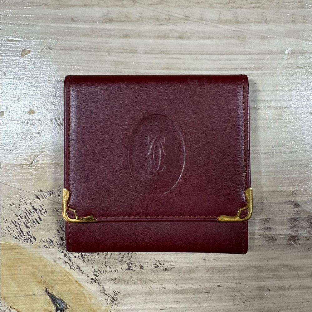Vintage Les Must de Cartier Burgundy Leather Coin Purse Wallet w/ Auth Card